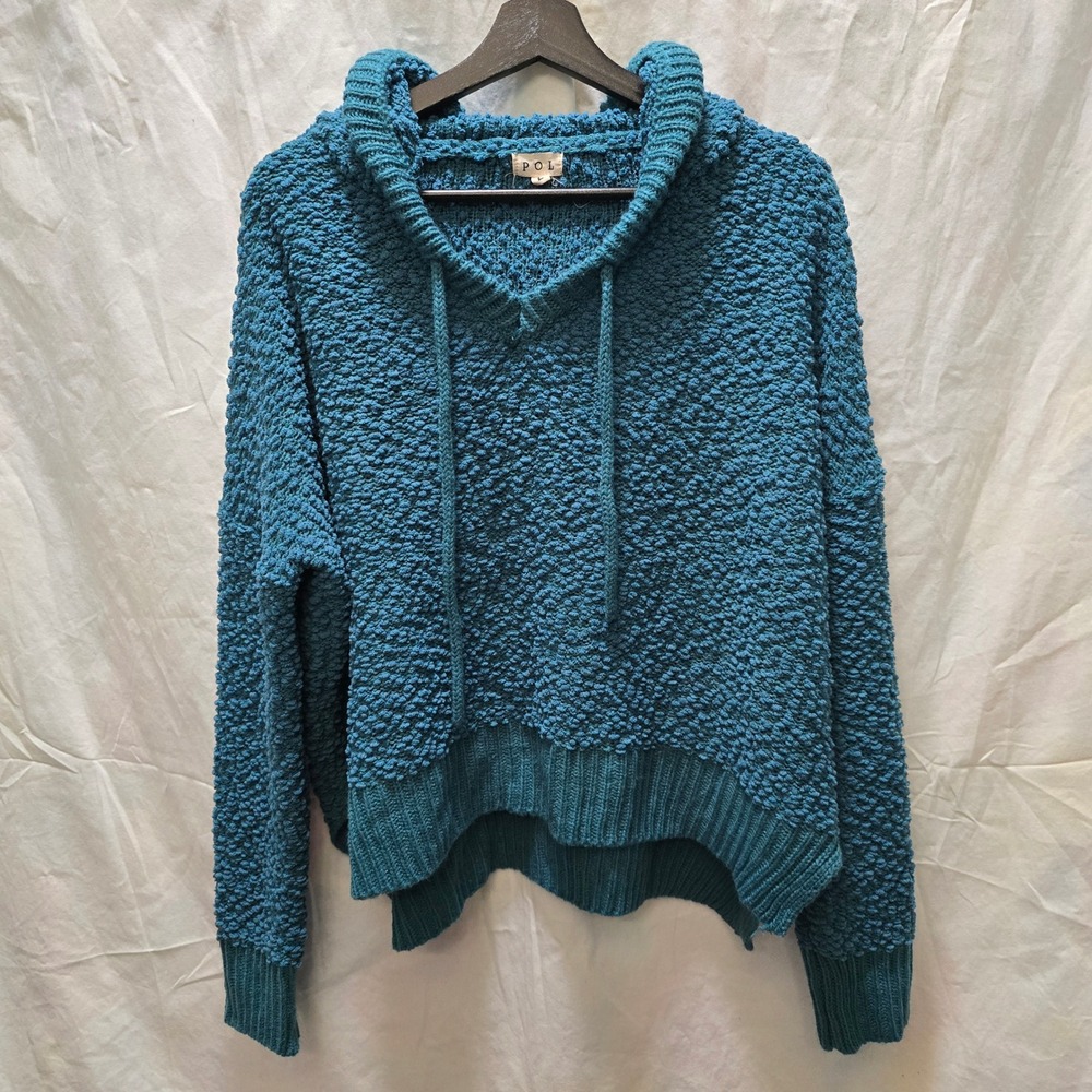 POL Teal Textured Popcorn Knit Hoodie Pullover Sweater Long Sleeve Size Large